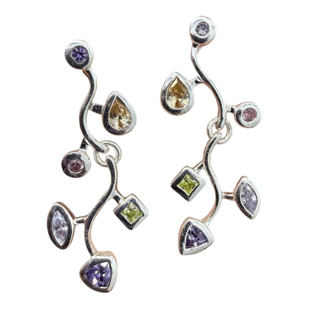Multicolor Cubic Zirconia Dangle Earrings 925 Sterling Silver Flower Branches